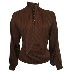 Vintage Yves Saint Laurent Rive Gauche 1970s Brown Silk Blouse with Tie Size Large. 