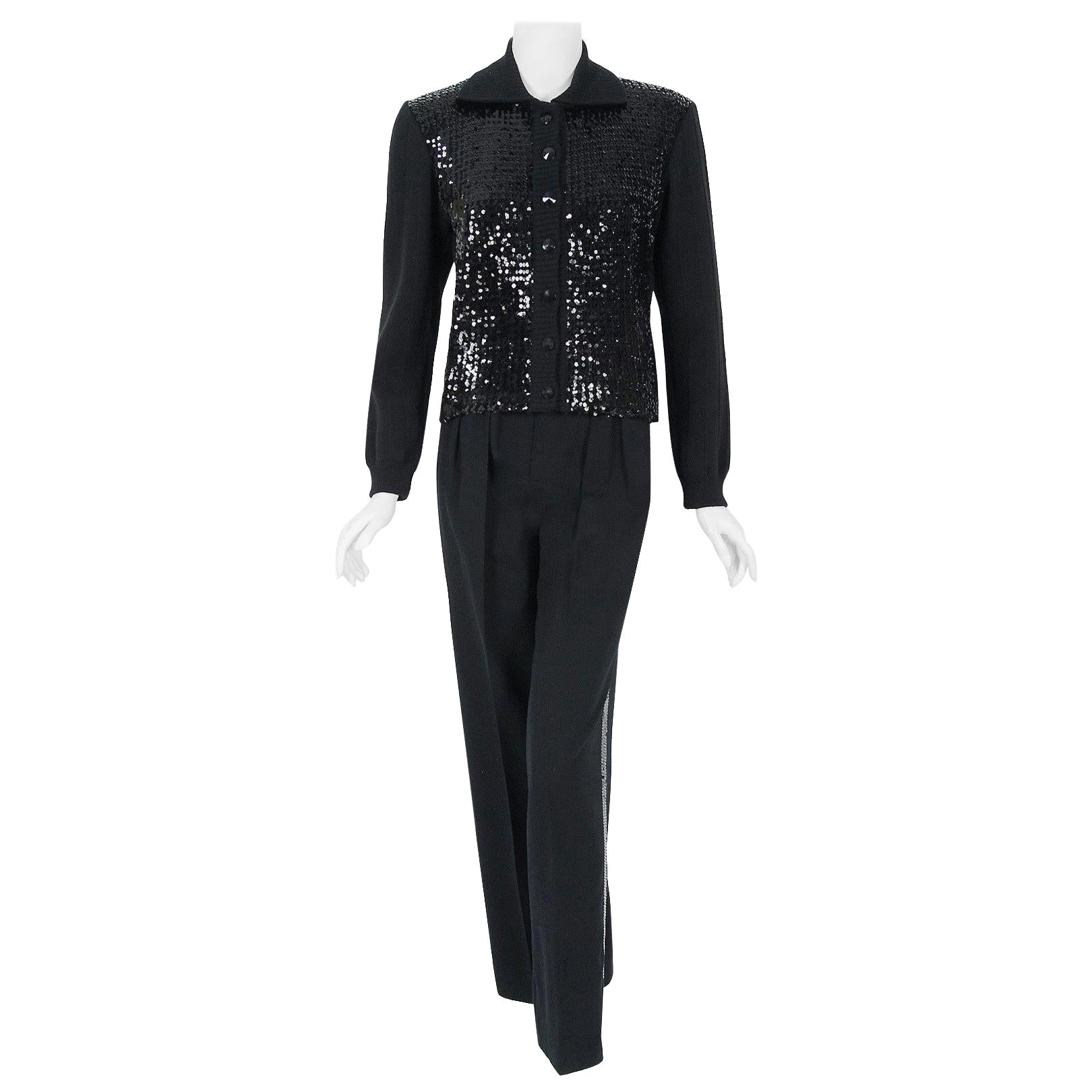 Vintage 1974 Yves Saint Laurent Sequin Black Wool Jumper Le Smoking Trousers Suit For Sale