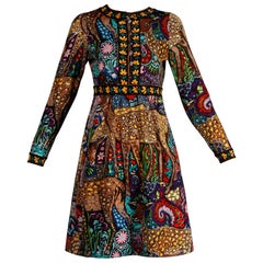 Italy 1970s Goldworm Retro Novelty Deer Print Mini Dress with Long Sleeves