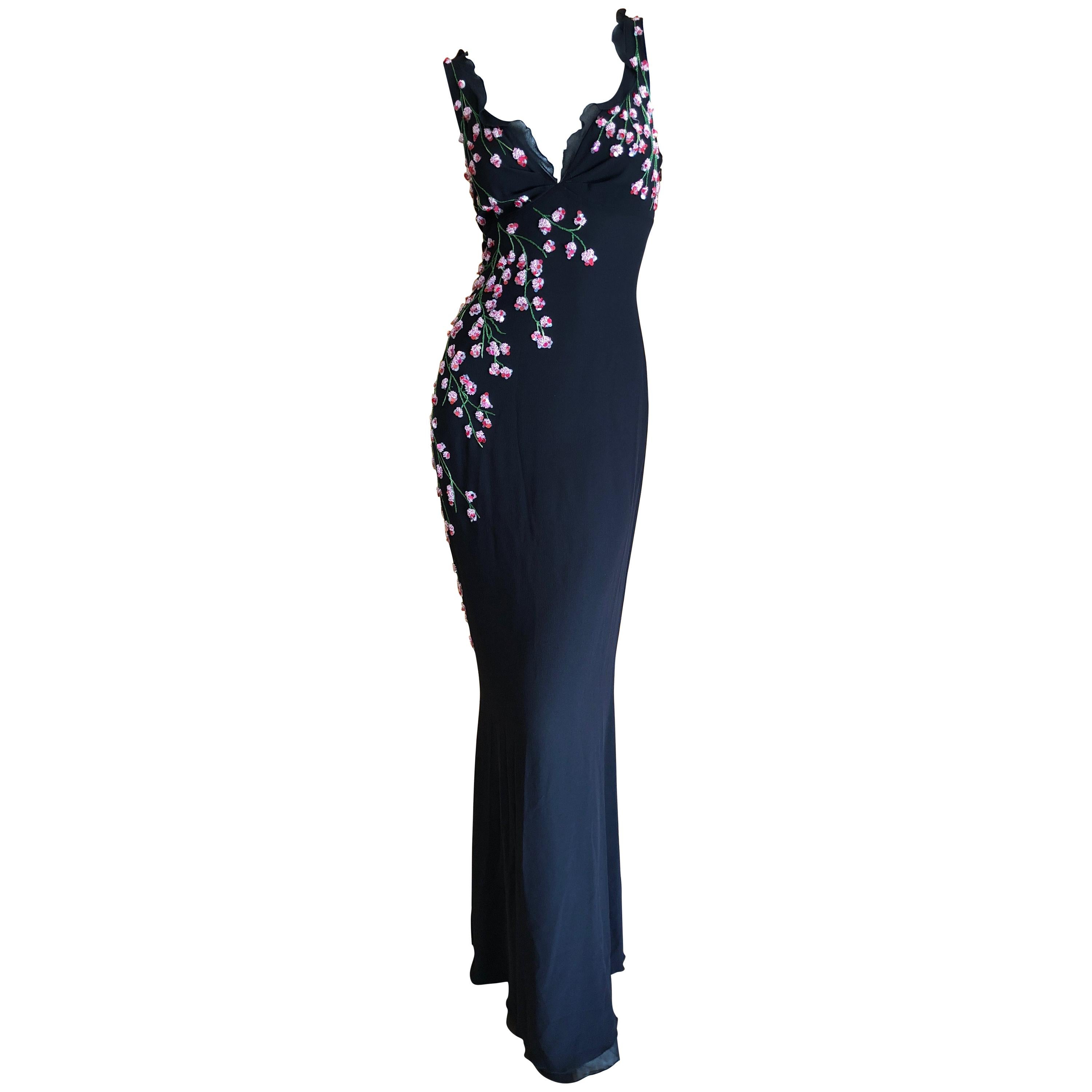 Emanuel Ungaro Romantic Vintage Silk Evening Dress with Floral Beading  For Sale