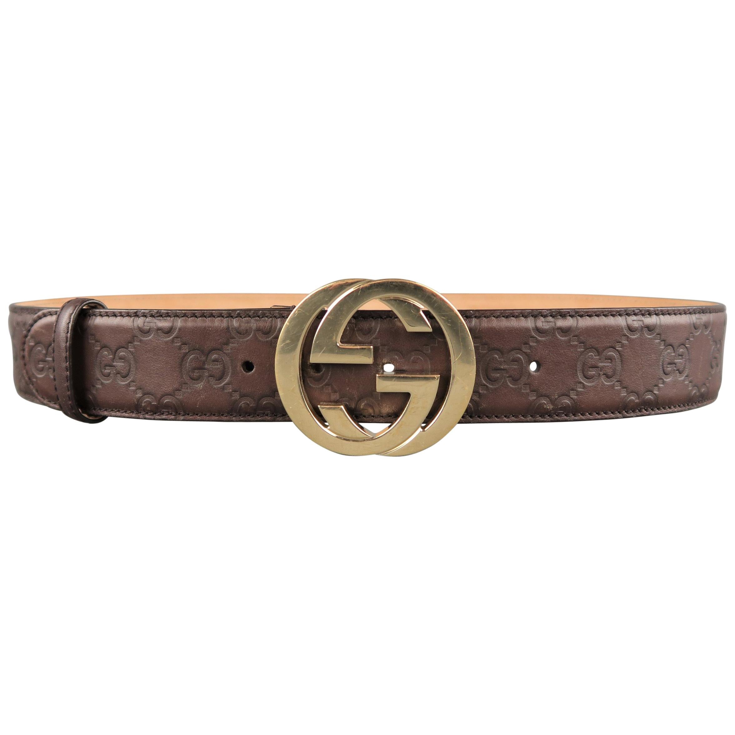 GUCCI Brown Guccissima Monogram Embossed Leather Gold GG Belt