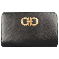 SALVATORE FERRAGAMO Black Saffiano Leather Gold Gancini Wallet