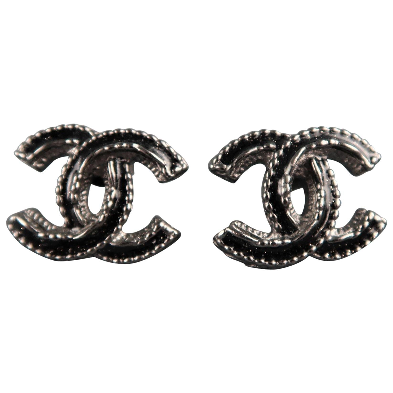 CHANEL F / W 2012 Black Glitter Enamel and Gunmetal CC Stud Earrings at  1stDibs