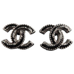 CHANEL F / W 2012 Black Glitter Enamel & Gunmetal CC Stud Earrings
