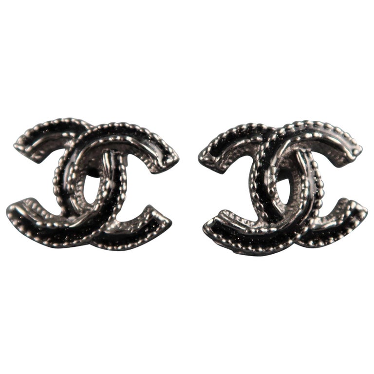 CHANEL F / W 2012 Black Glitter Enamel and Gunmetal CC Stud Earrings at ...