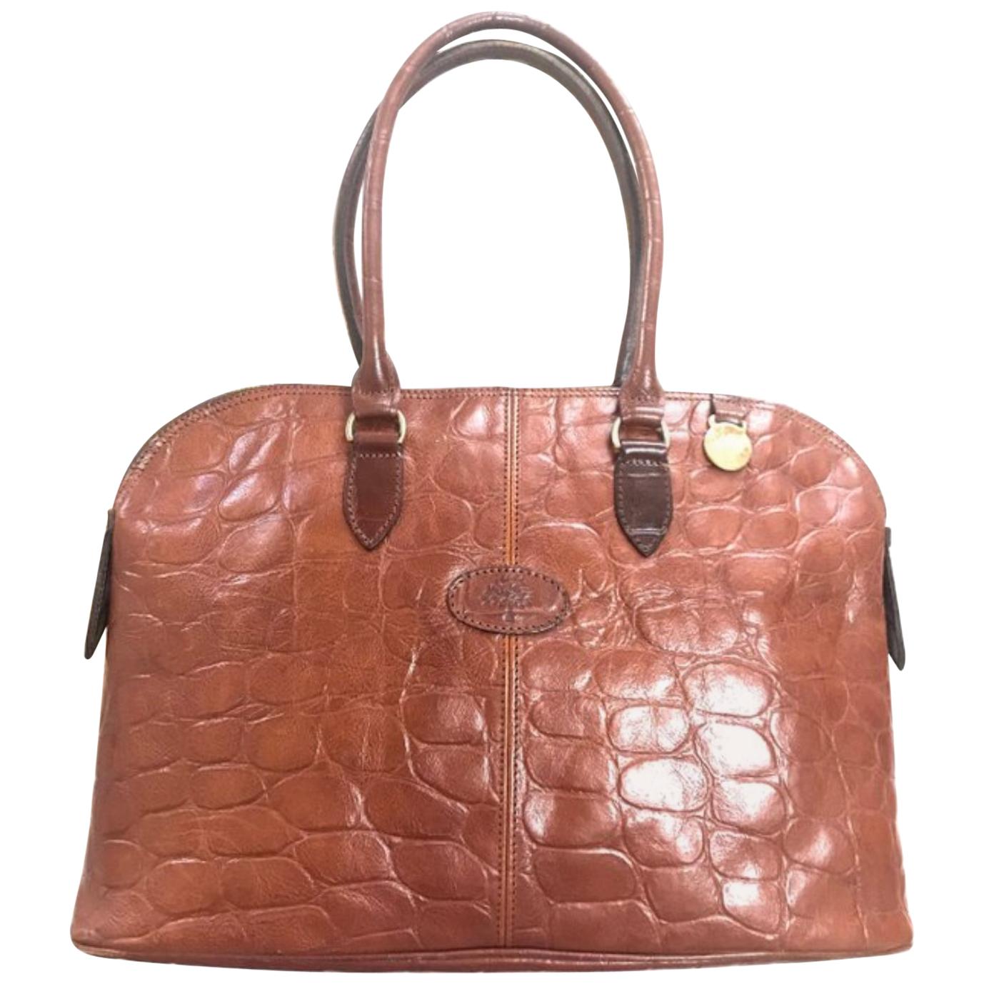 Vintage Mulberry croc embossed brown leather bolide tote bag. By Roger Saul. For Sale
