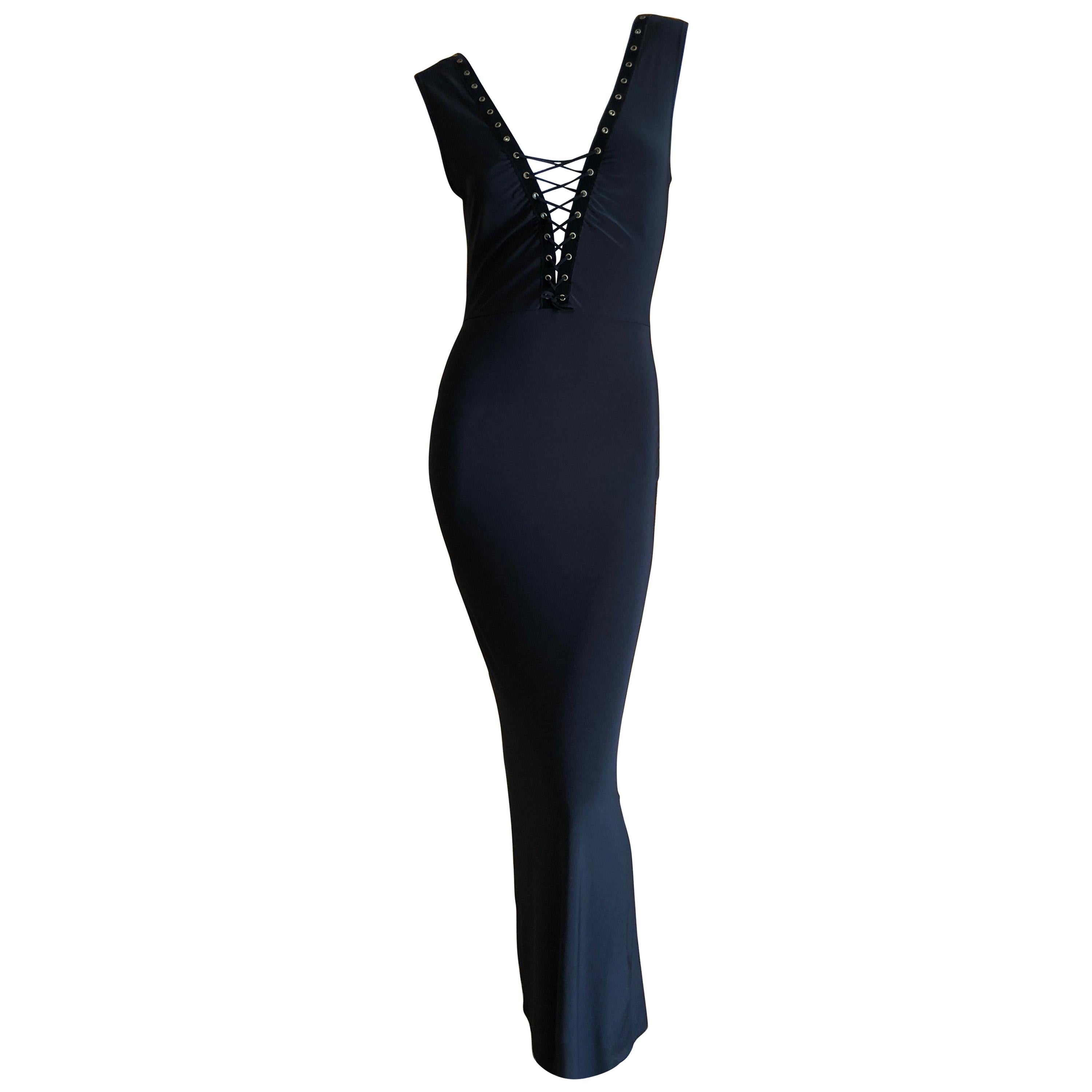  Versace Jeans Couture Plunging Velvet Trim Black Column Dress w Corset Lacing For Sale
