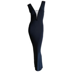  Versace Jeans Couture Plunging Velvet Trim Black Column Dress w Corset Lacing