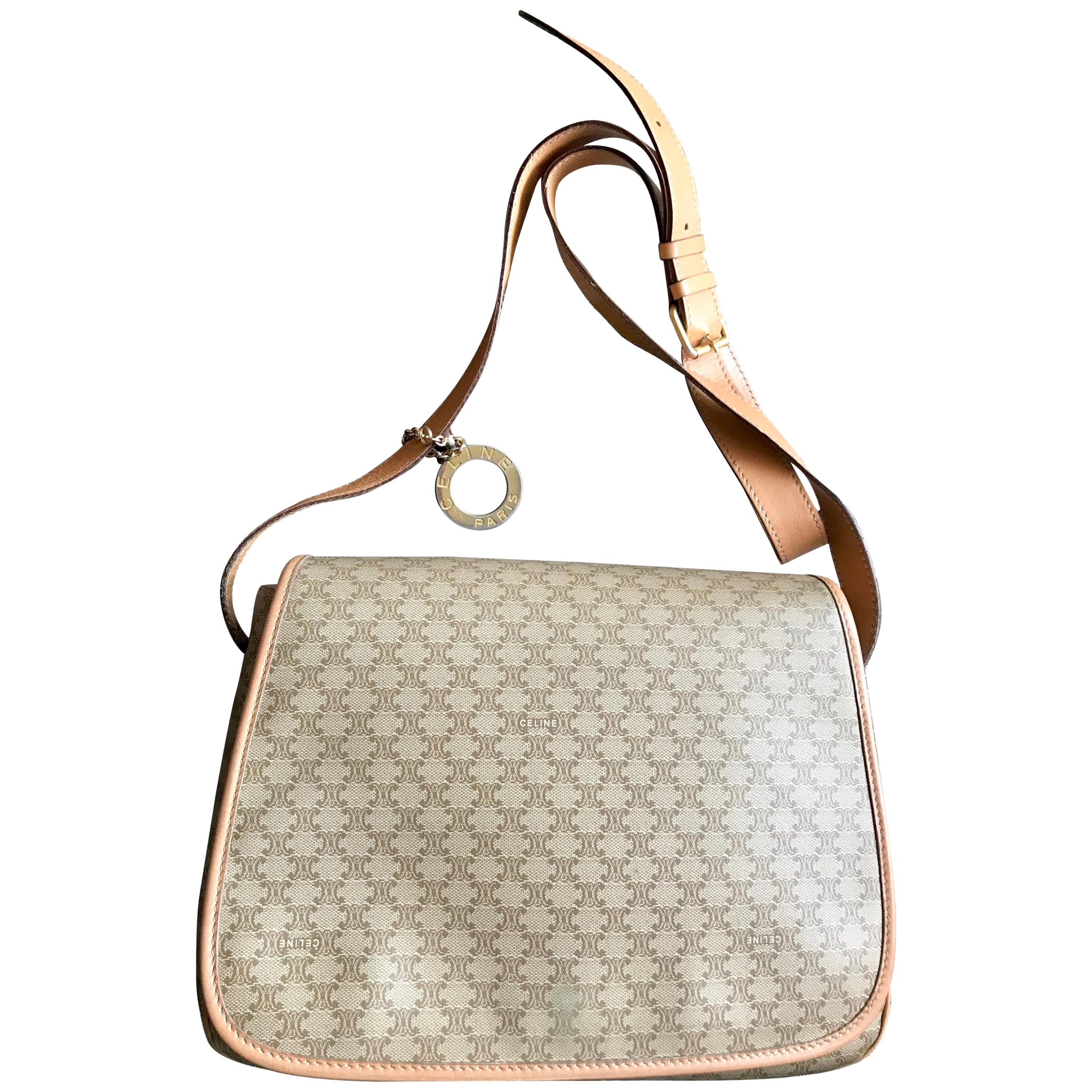 Vintage Celine beige macadam blaison pattern messenger bag with gold tone charm. For Sale