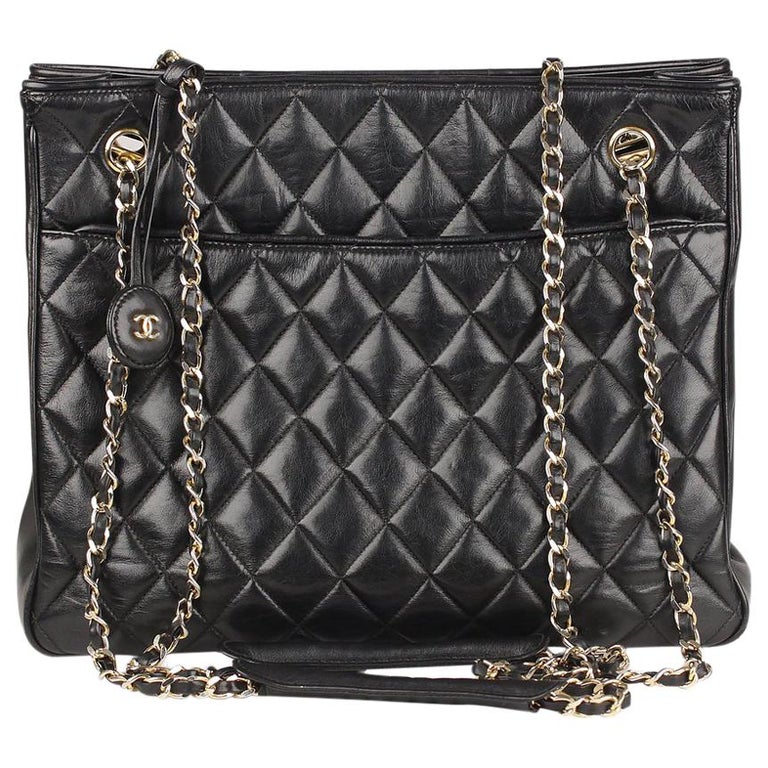Chanel Vintage Black Quilted Leather Shoulder Bag Tote For Sale at 1stDibs