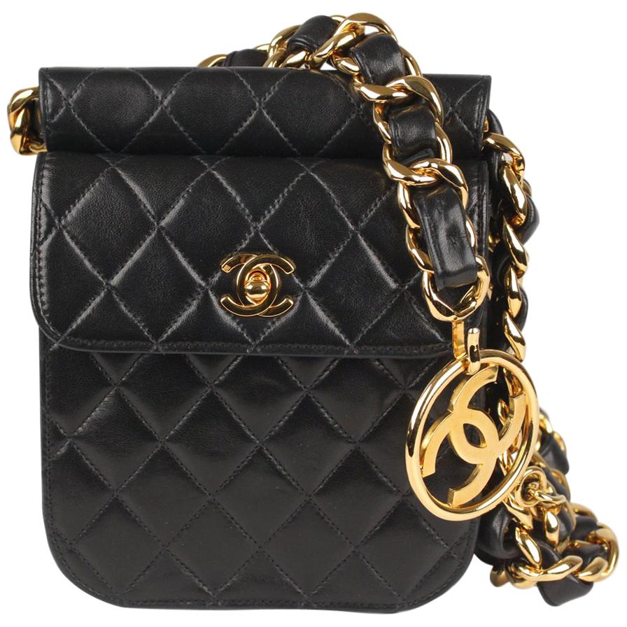 Chanel Vintage Rare 1992 Black Quilted Waist Bag with Chunky Chain