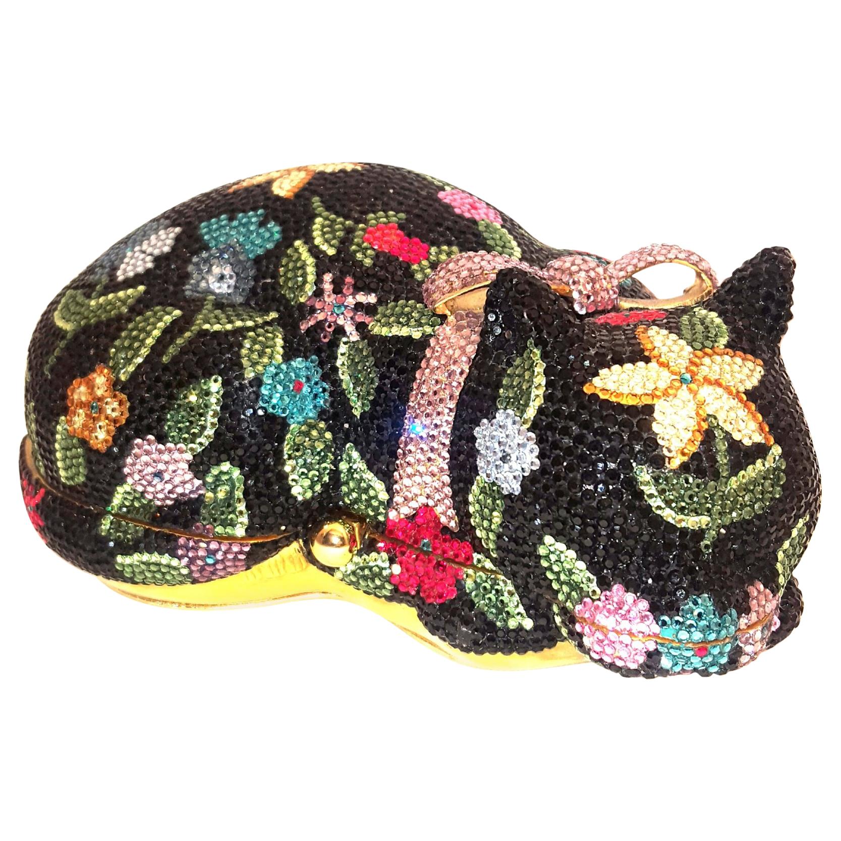 Judith Leiber Sleeping Cat Jeweled Crystal Minaudière Clutch Bag