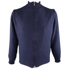 Retro LORO PIANA 44 Navy Knitted Cashmere Zip Up Cardigan Sweater Jacket