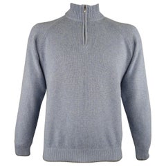 ERMENEGILDO ZEGNA Size 42 Blue & Grey Knitted Cashmere Half Zip Sweater