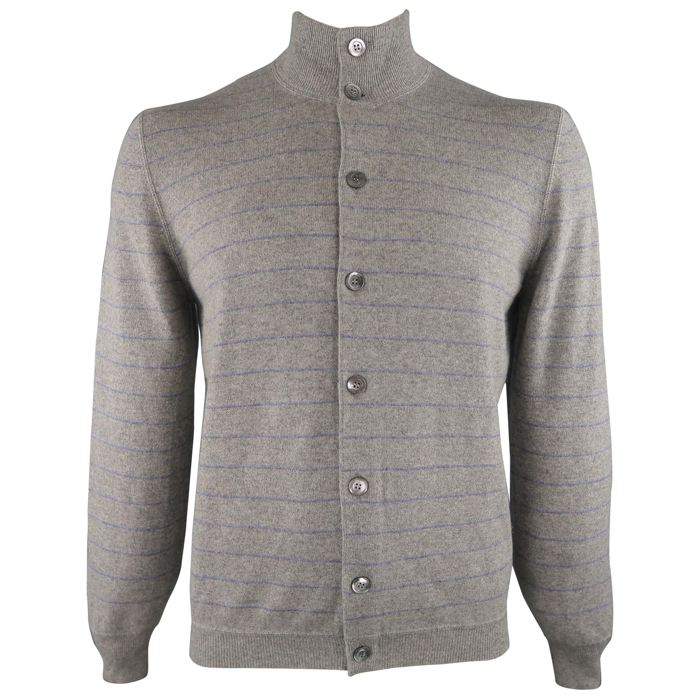 BRUNELLO CUCINELLI Size 42 Grey Striped Cashmere Buttoned Cardigan Sweater