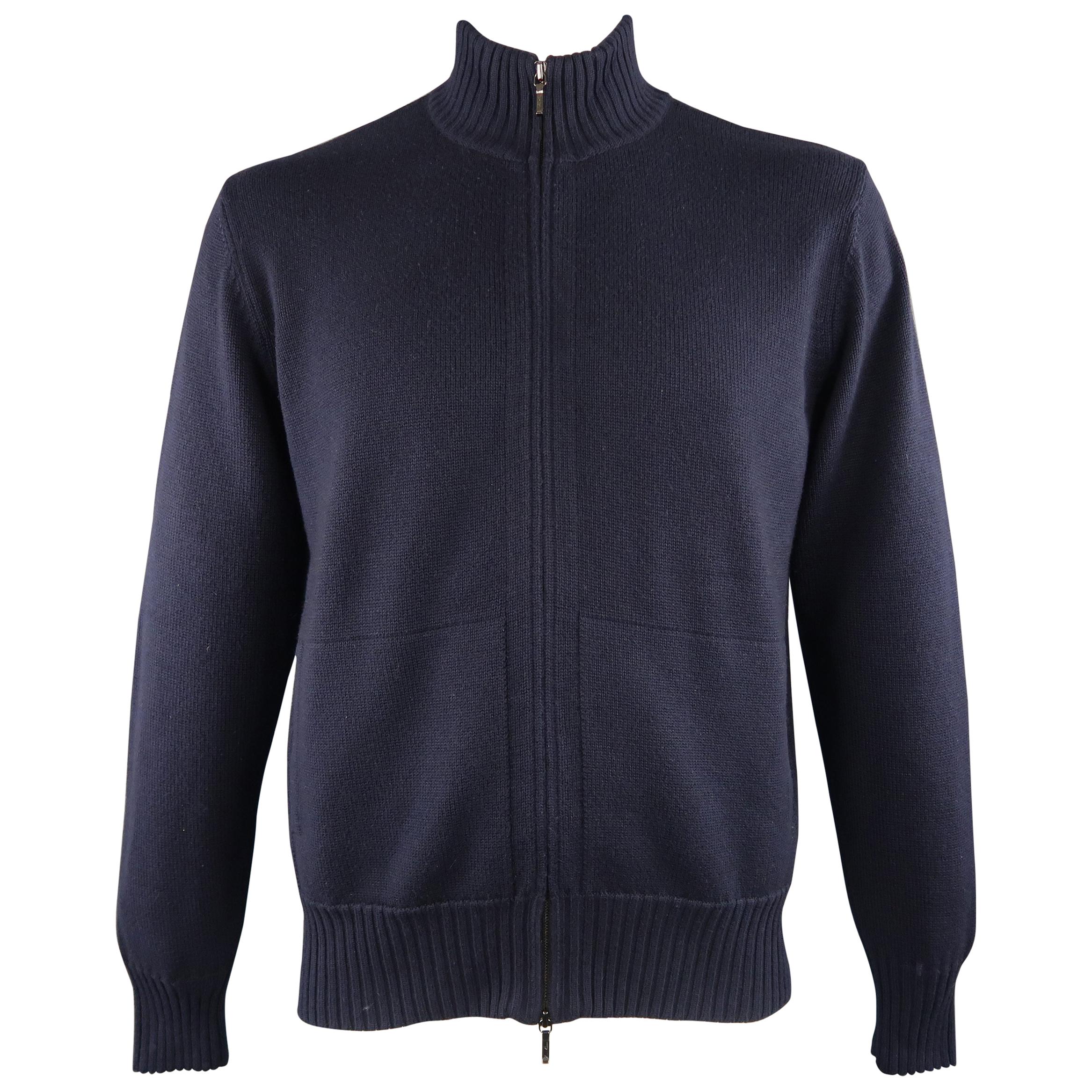 LORO PIANA 42 Navy Knitted Cashmere / Cotton Zip Up Sweater Cardigan Jacket