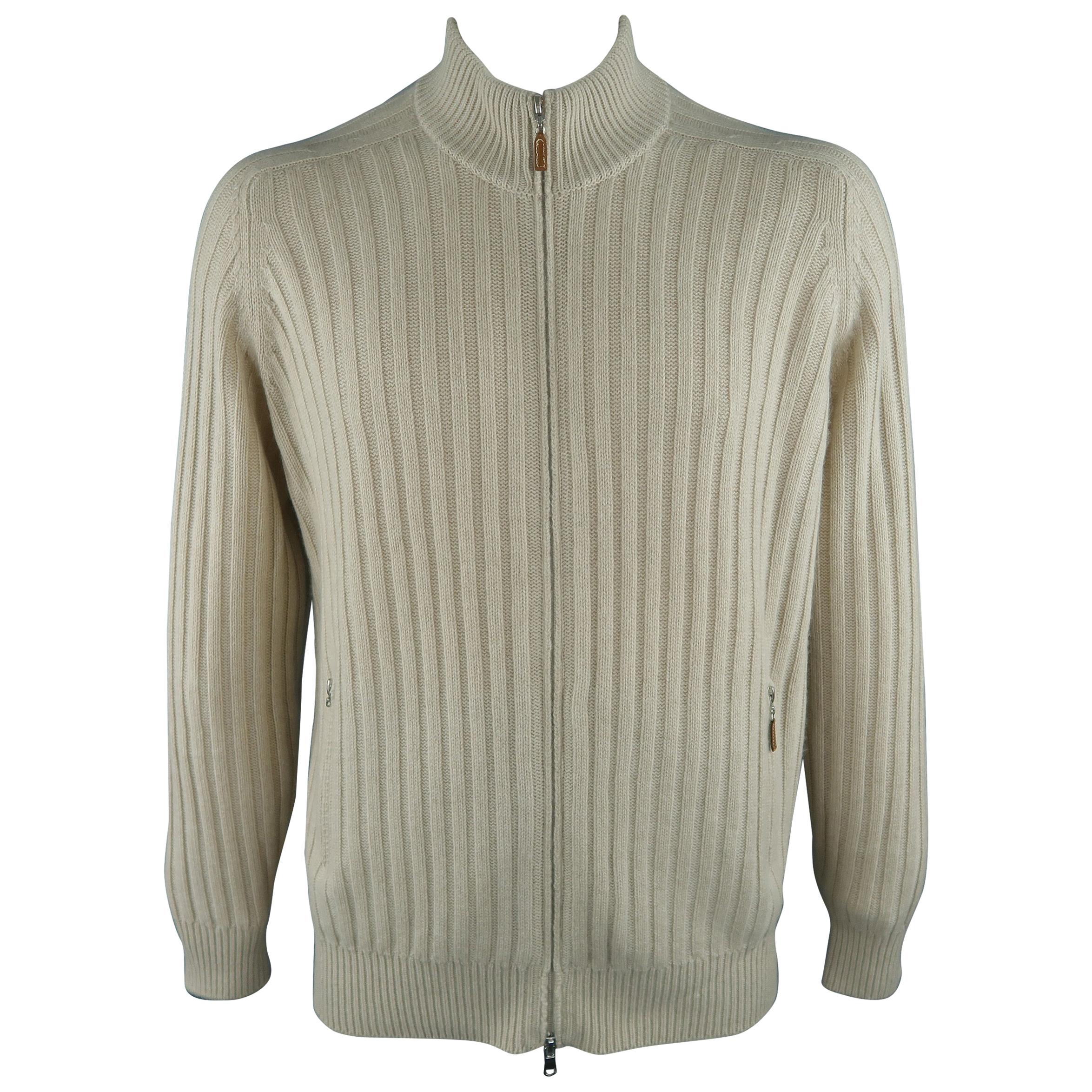 BRUNELLO CUCINELLI Size 44 Beige Knitted Cashmere Zip Up Cardigan Sweater