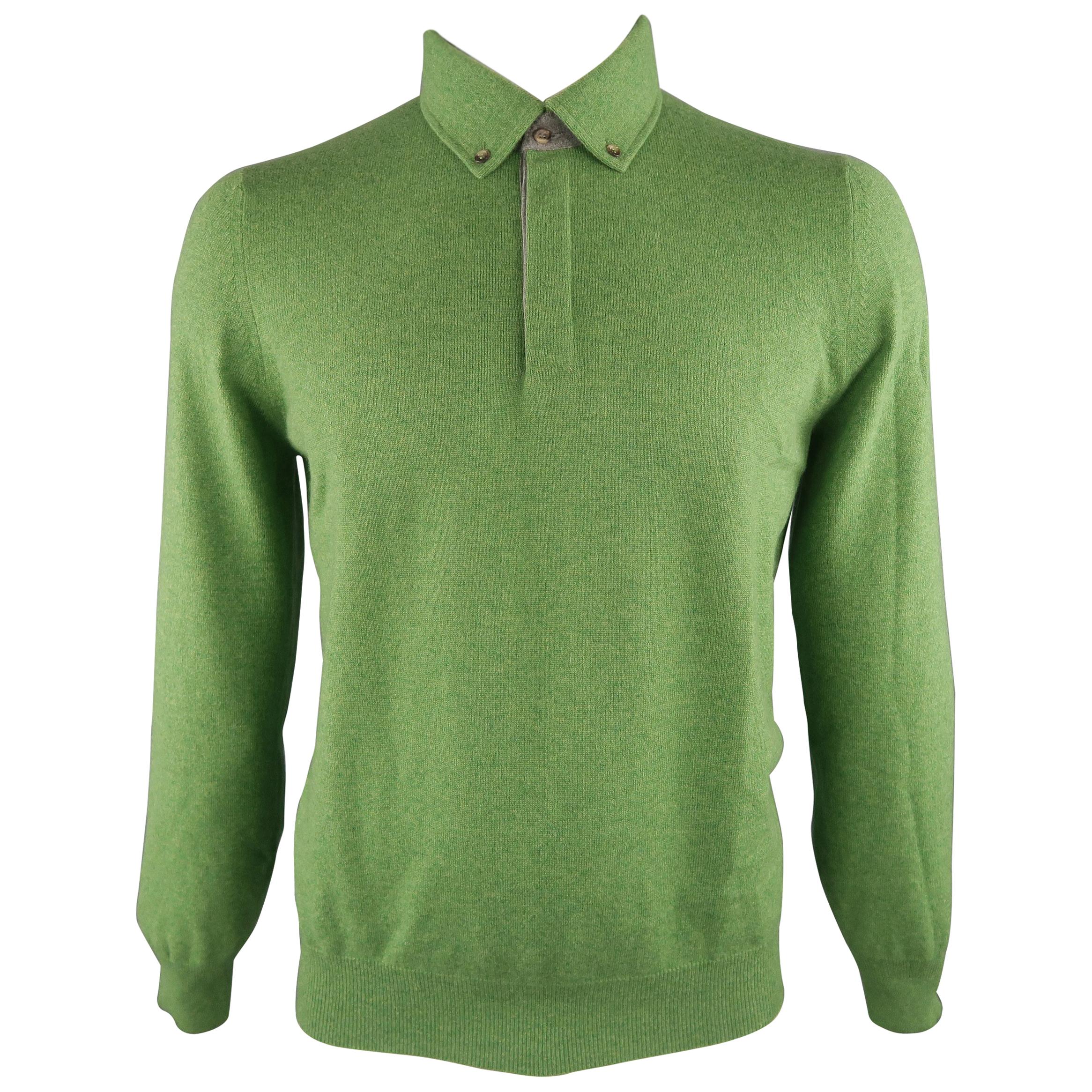 BRUNELLO CUCINELLI Size 42 Green Knitted Cashmere Button Down Pullover Sweater