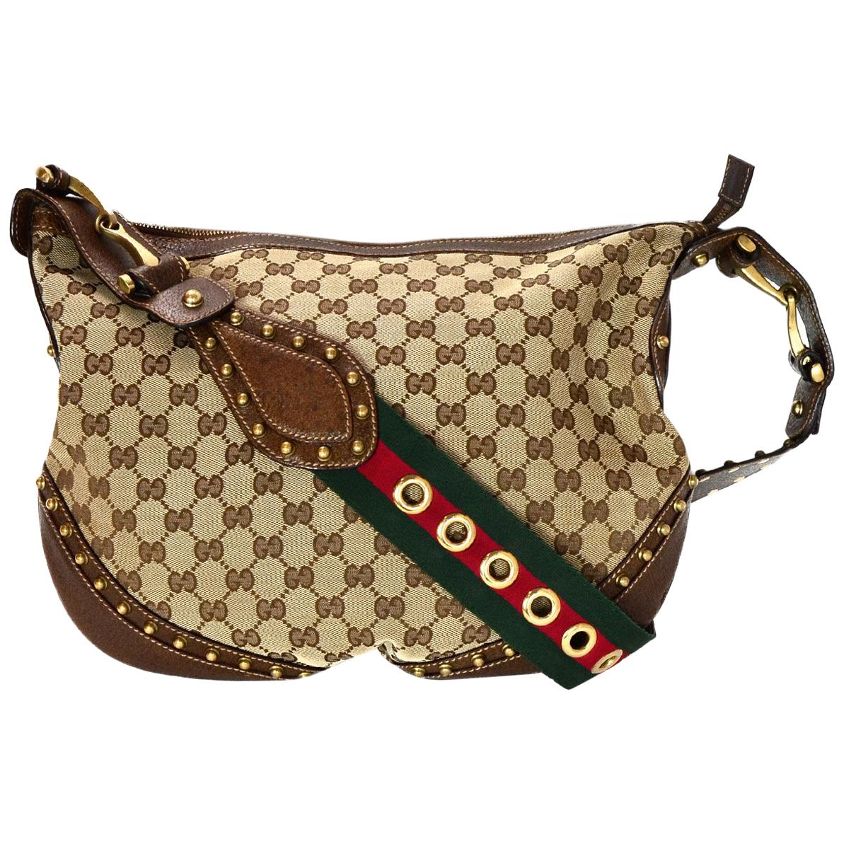Gucci Beige Canvas Monogram Pelham Messenger Bag w/ Studded Web Strap