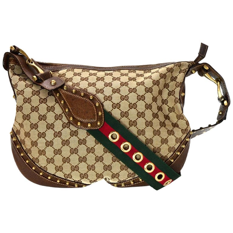 Gucci Beige Canvas Monogram Pelham Messenger Bag w/ Studded Web Strap at 1stdibs