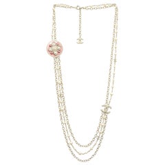 Chanel 2017 Light Goldtone Chain/Pearl Necklace W/ Pink CC Enamel Medallion