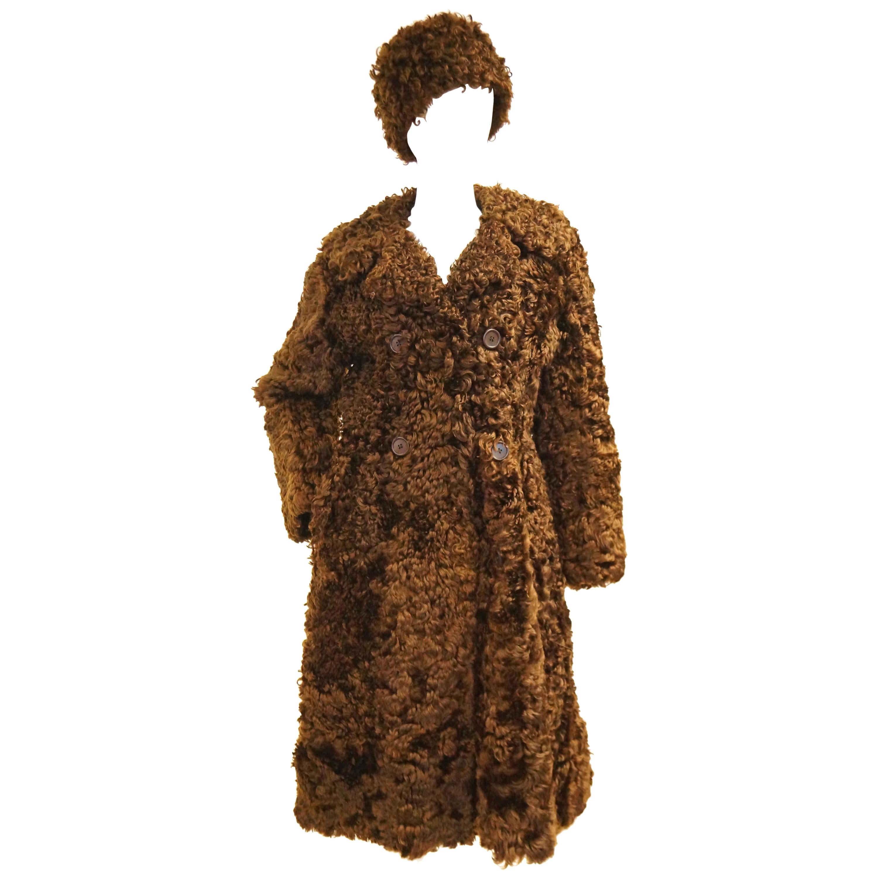 1970s Scottish Brown Curly Lamb Coat with Matching Hat