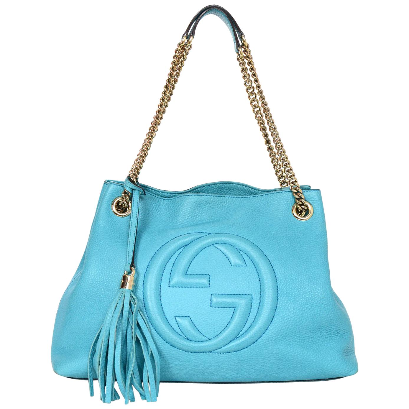 Gucci GG Logo Turquoise Pebbled Leather Soho Chain Tote Tassel Bag