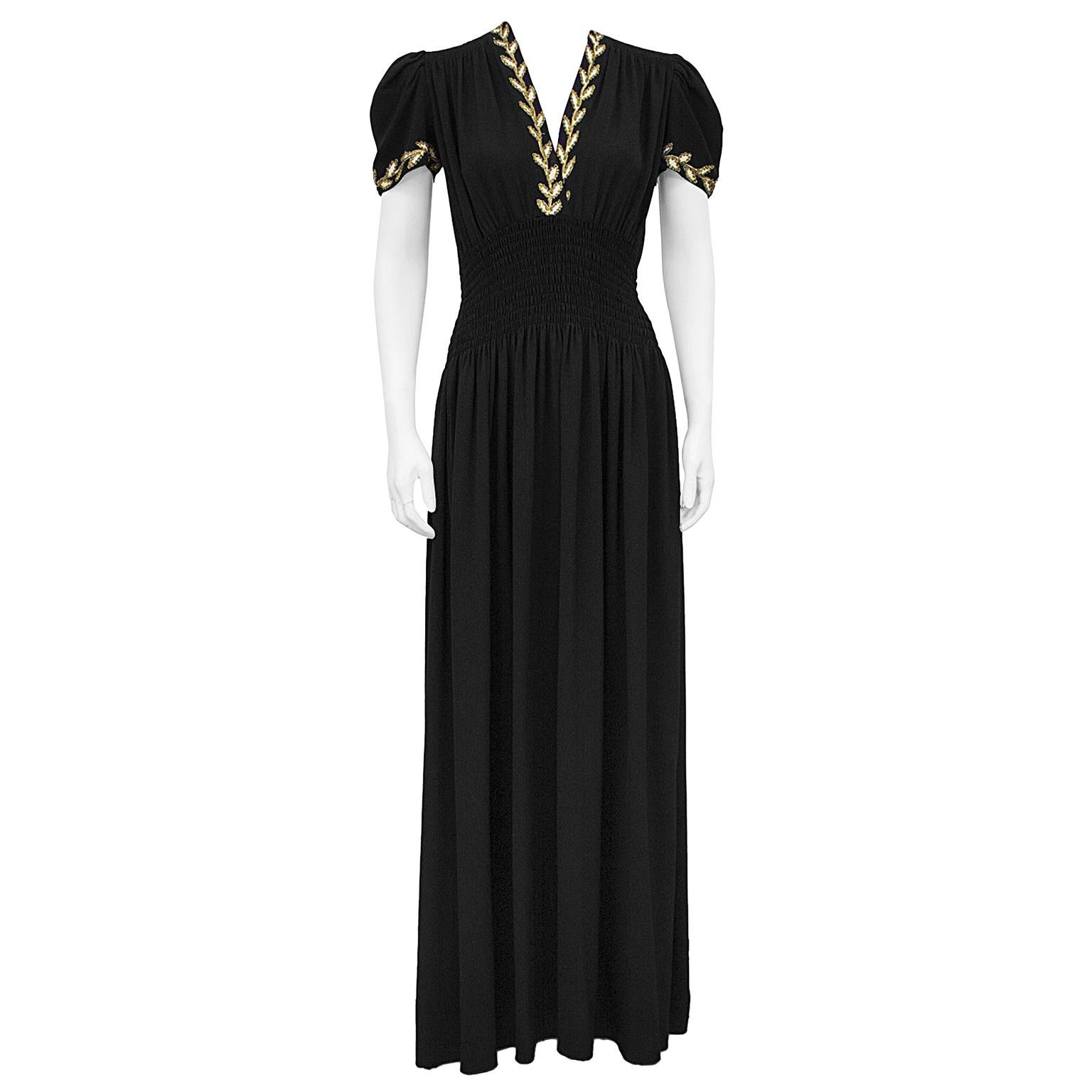 1930's Moss Crepe and Gold Thread Evening Dress For Sale