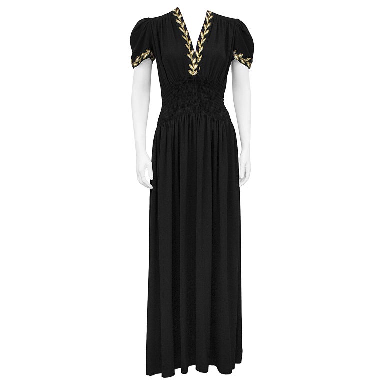1930's Moss Crepe And Gold Thread Evening Dress