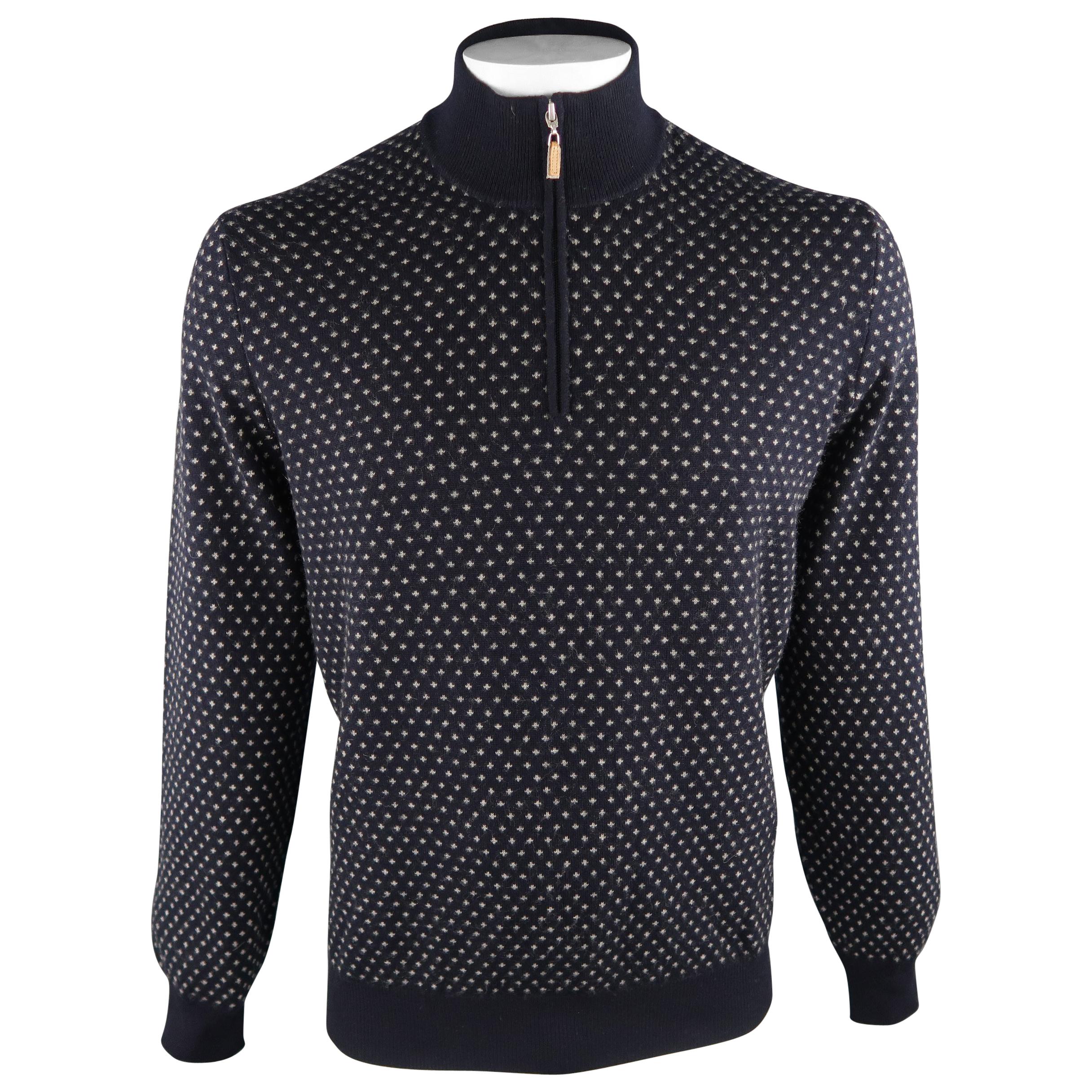 BRUNELLO CUCINELLI Size 46 Navy & Grey Knitted Cashmere Half Zip Sweater