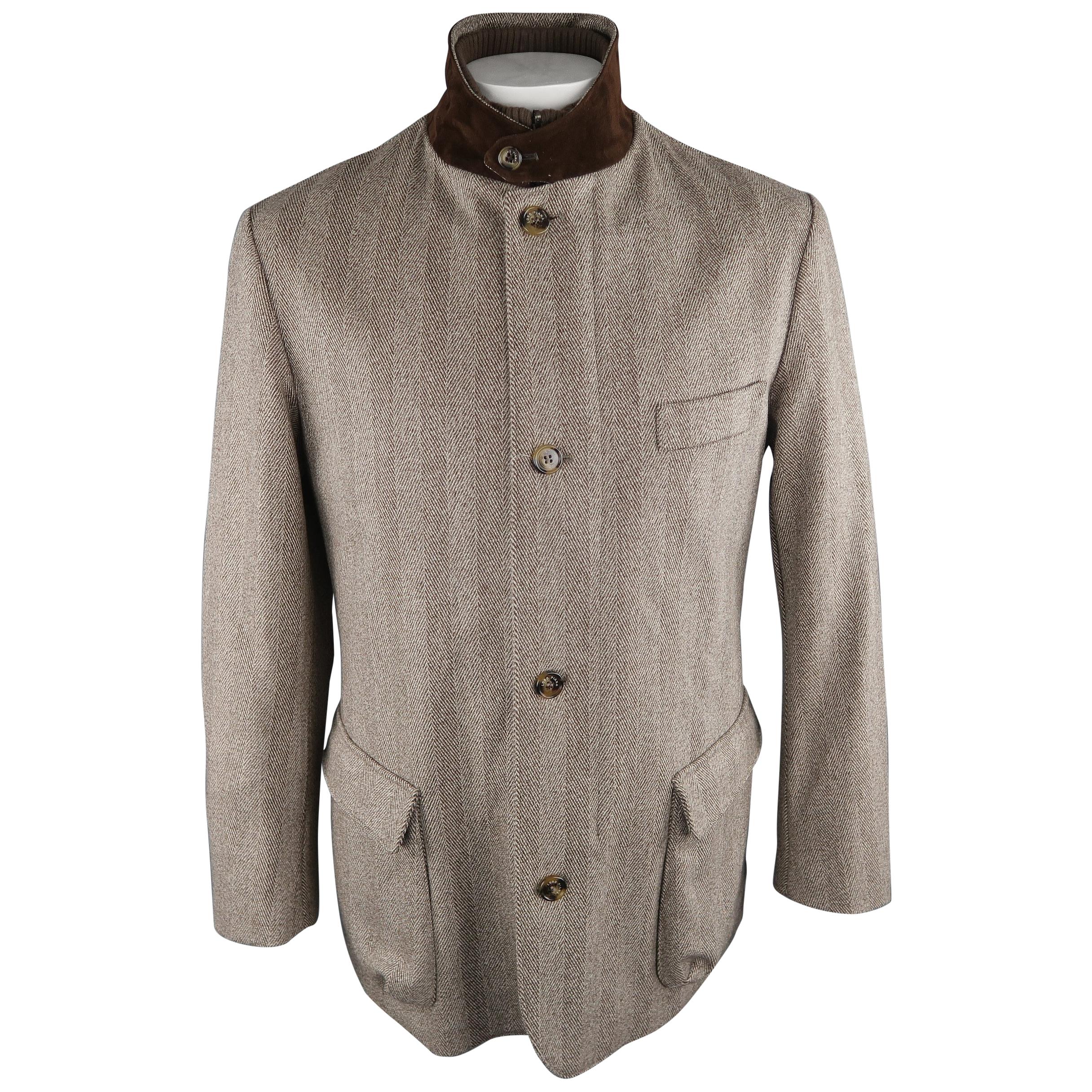 LORO PIANA L Brown Herringbone Wool Jacket