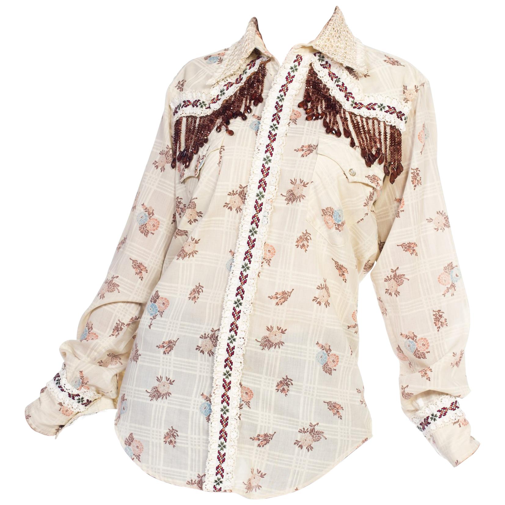 1970s Wrangler Floral Print Western Top With Lace and Ribbon