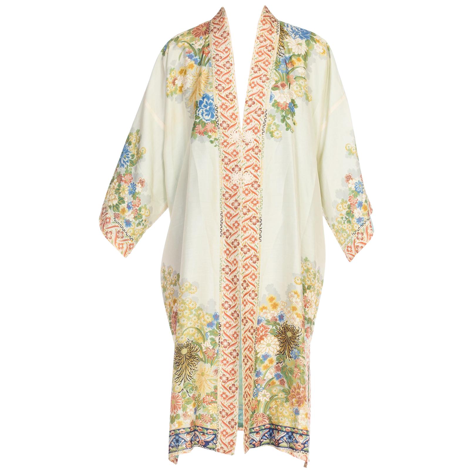 Hand Printed Silk Kimono with Floral Flower Frog Closure