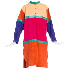 1980S Suede & Leather Pop Colorblocked Dress With Pockets