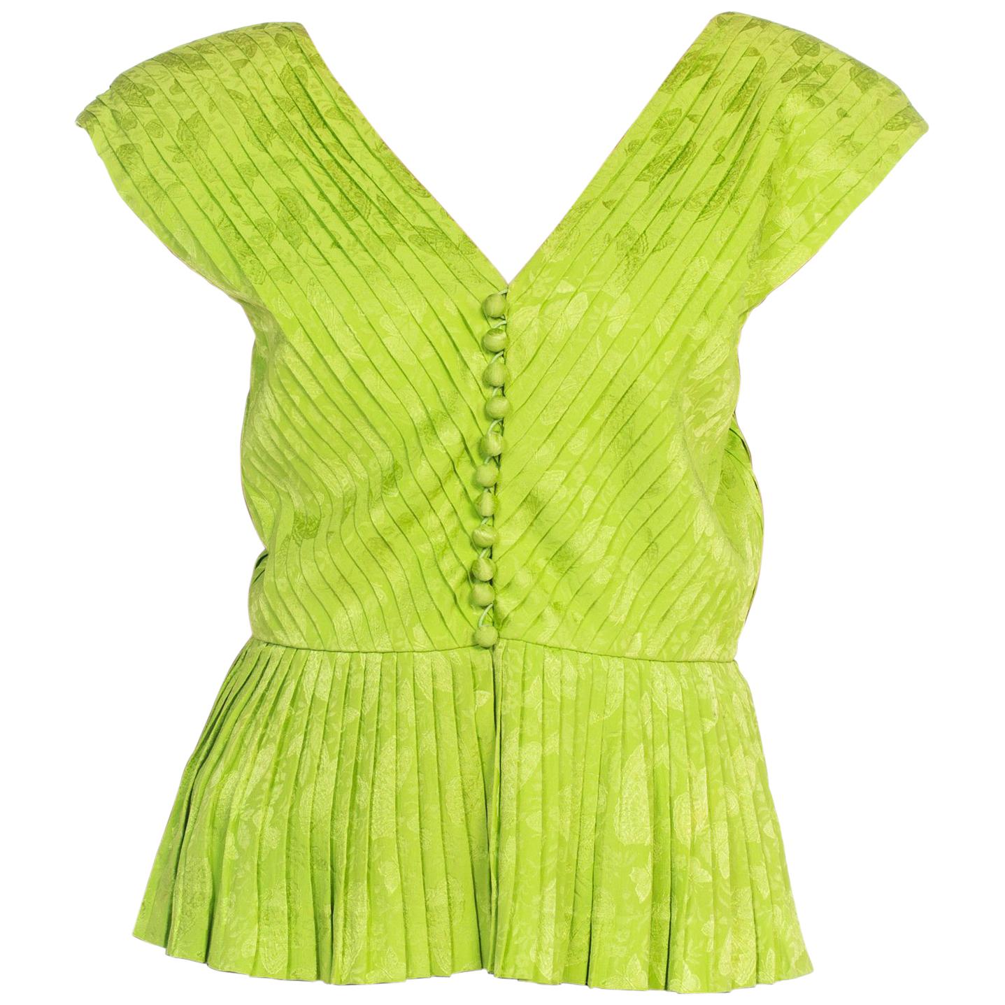 1980S LANVIN Lime Green Haute Couture Silk Jaquard Pleated Top With Shoulder Pa