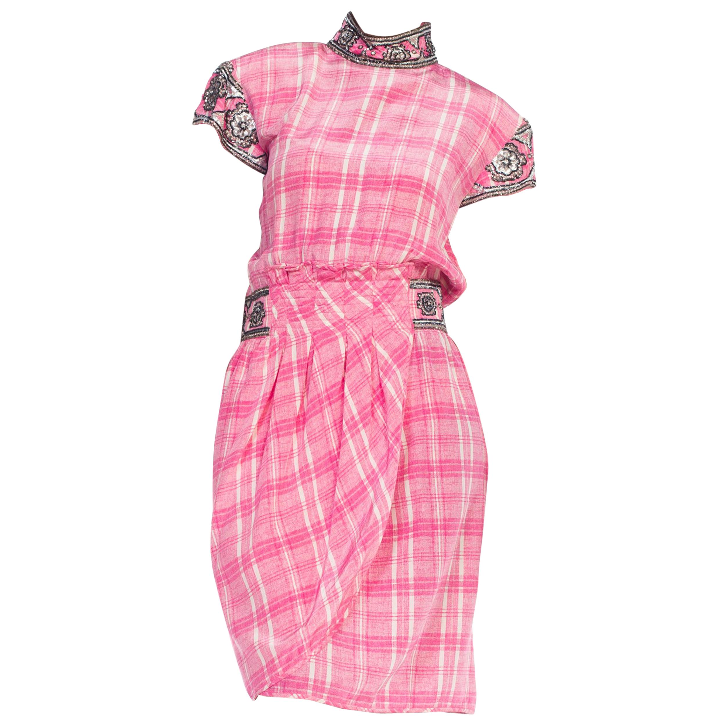 1980s Pink Plaid Silk Valentino Cocktail Dress With Crystals & Beading 