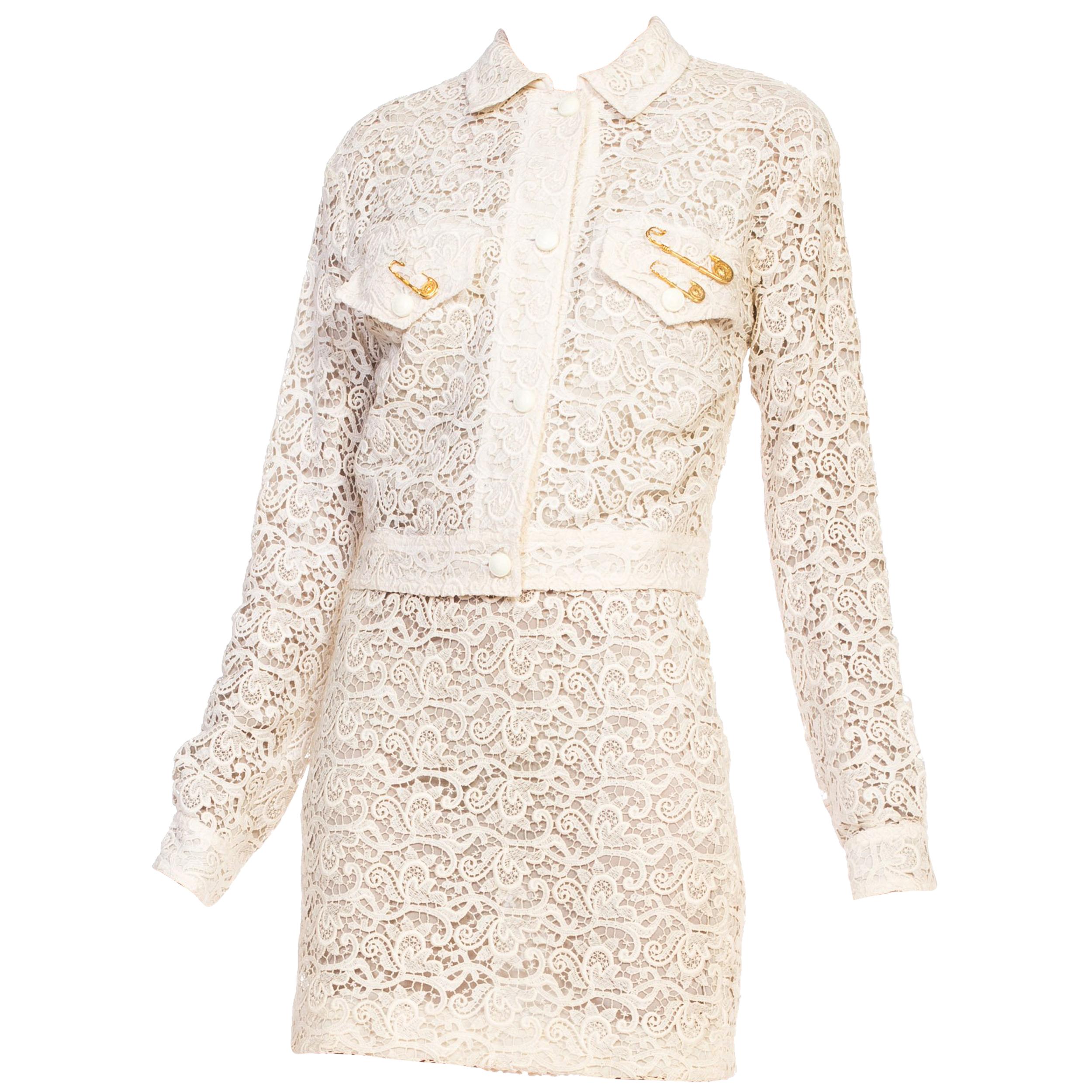 Sexy 1990s Gianni Versace Punk Safety Pin Collection Cream Lace Dress & Jacket