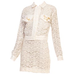 Vintage Sexy 1990s Gianni Versace Punk Safety Pin Collection Cream Lace Dress & Jacket