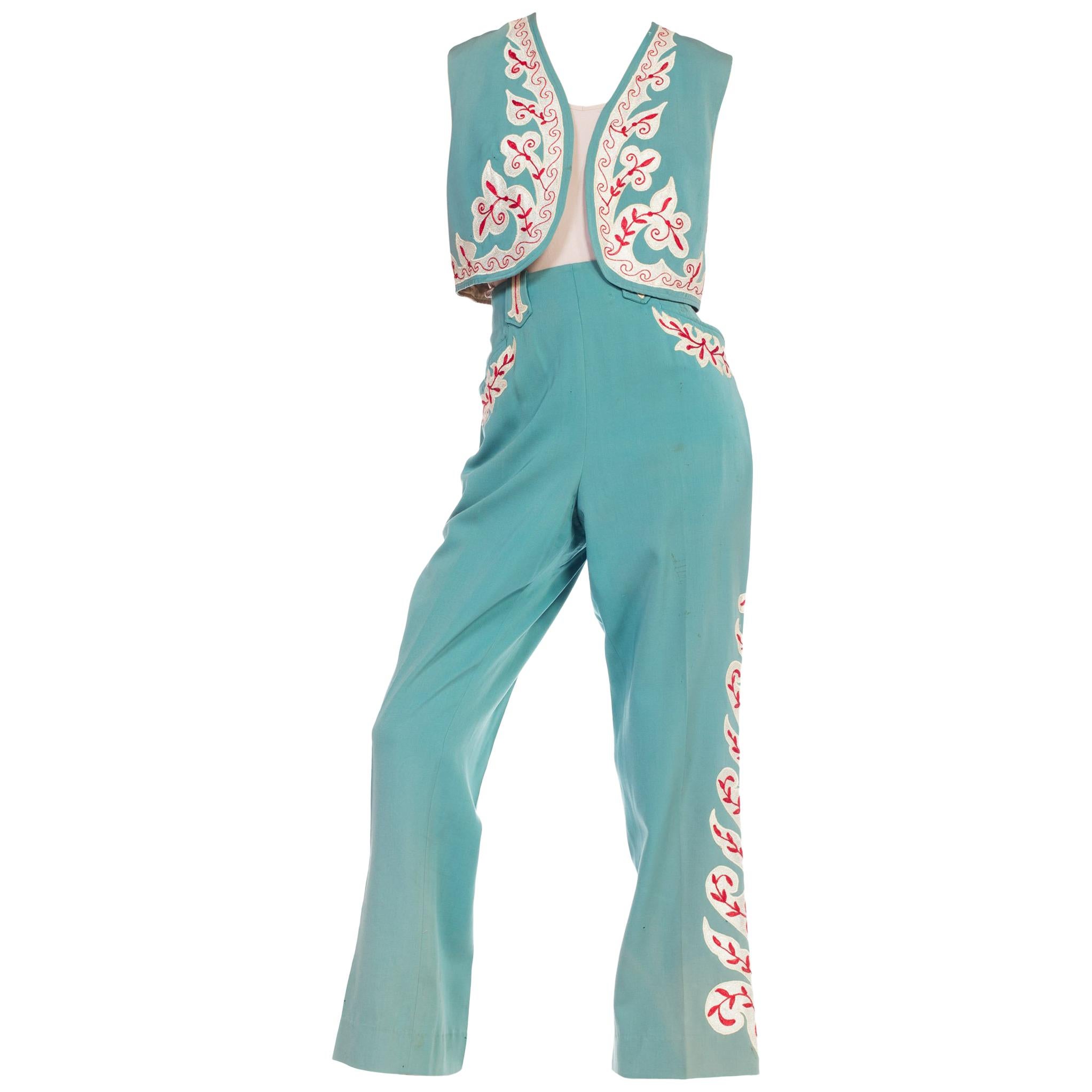 1940S Teal Wool Blend Embroidered Western Vest & Pants Ensemble