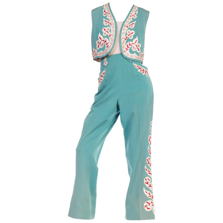 1940S Teal Wool Blend Embroidered Western Vest and Pants Ensemble at  1stDibs | 1940s vest