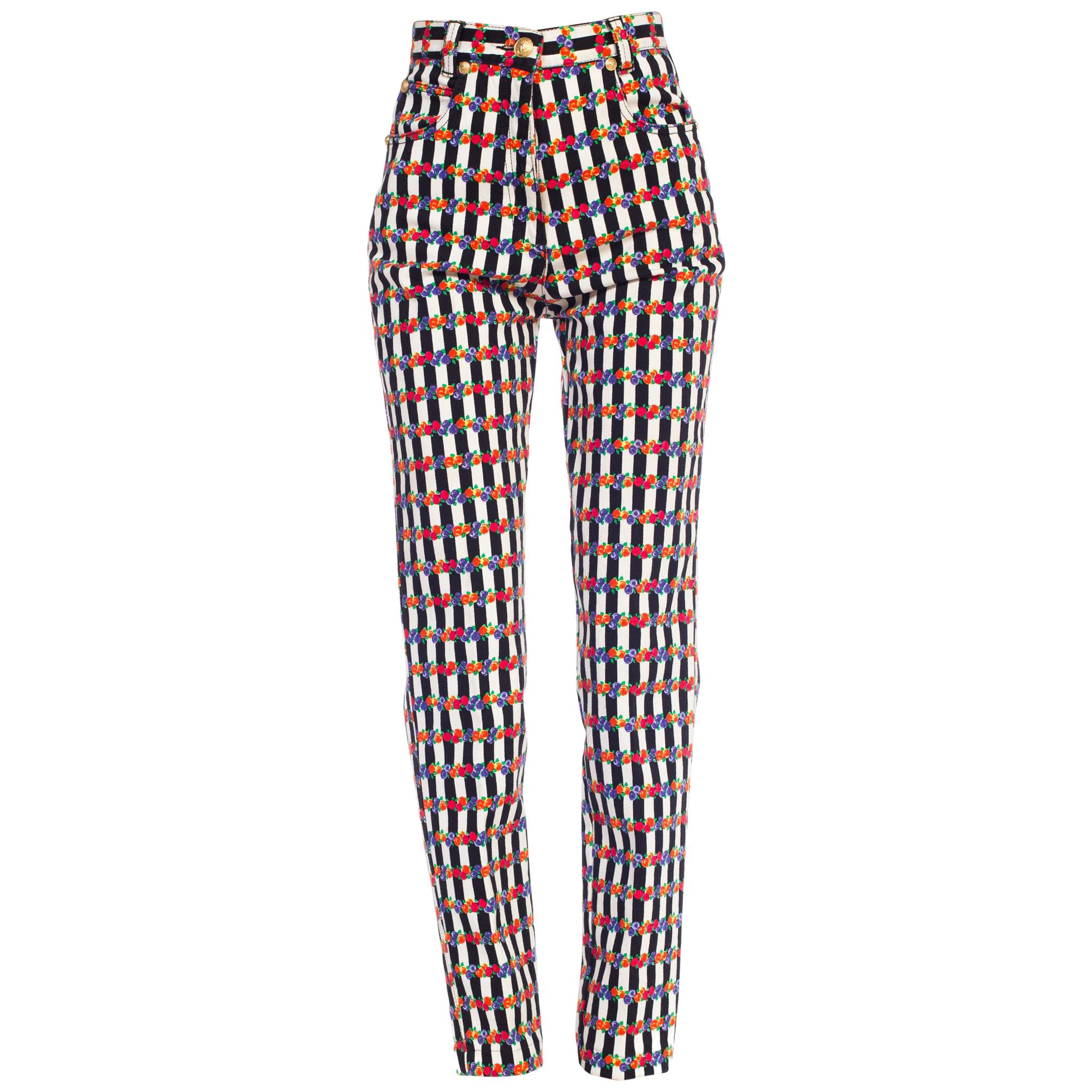 1990S GIANNI VERSACE  Floral Striped Jeans Pants