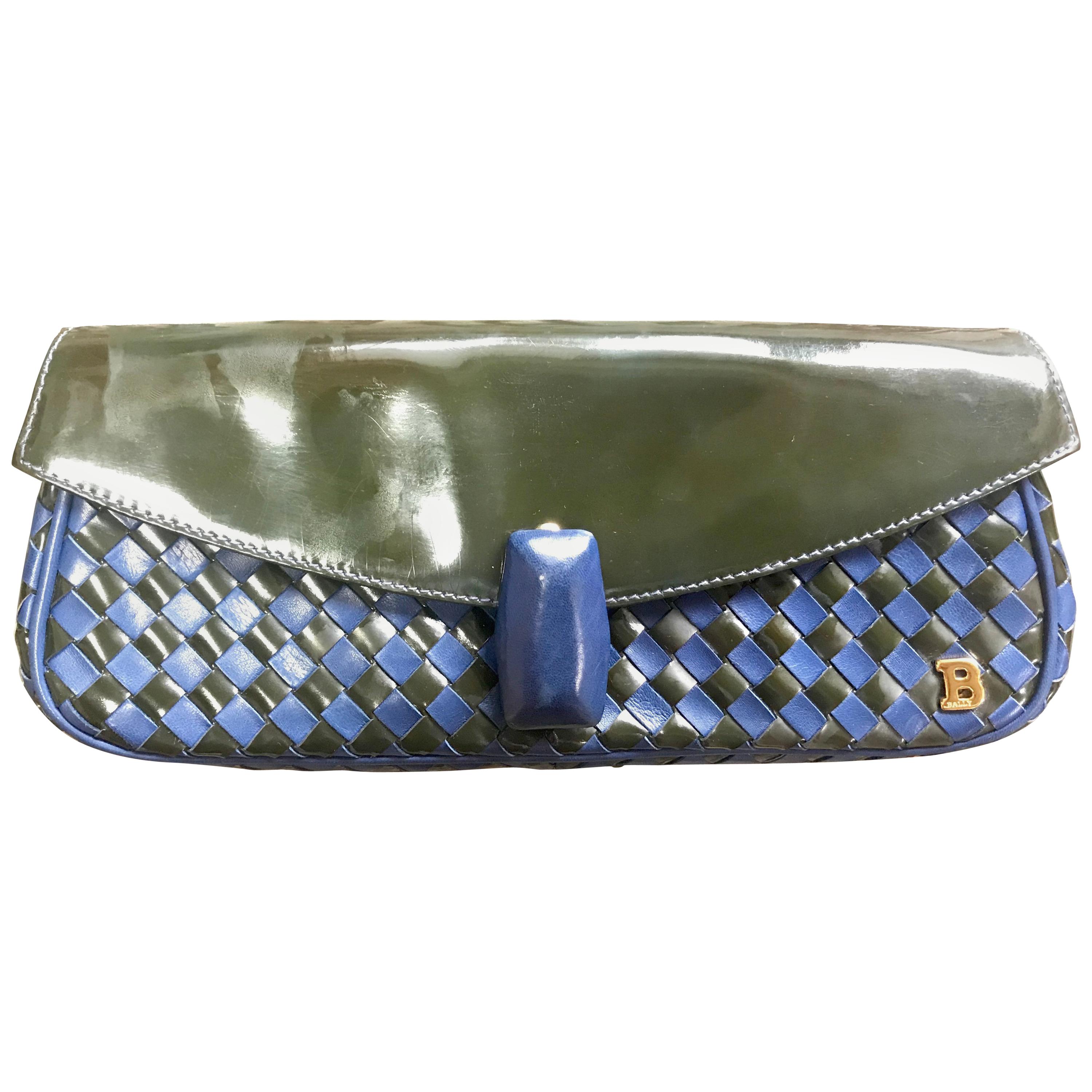 Vintage Bally black and blue enamel intrecciato design leather clutch purse. For Sale