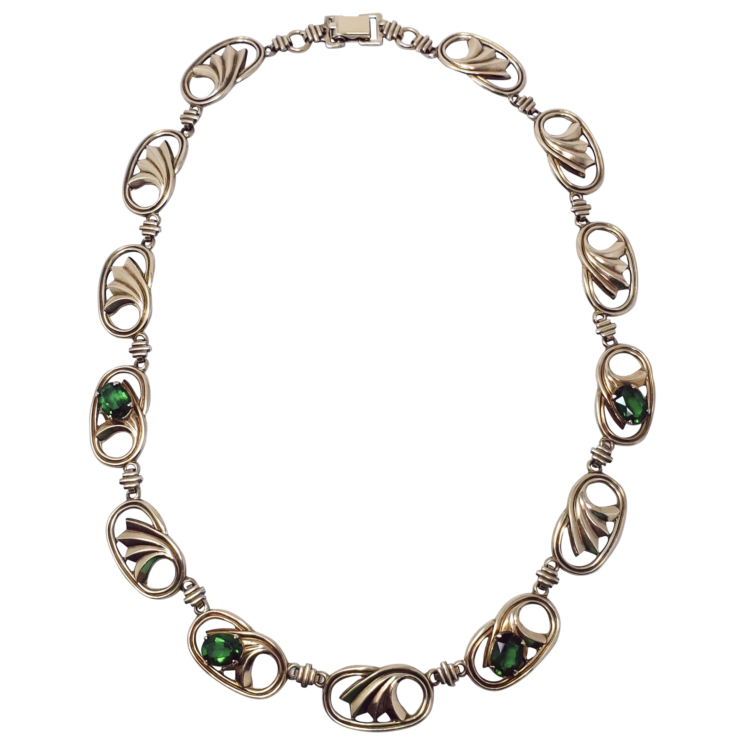 Collier ras du cou vintage en or 14 carats et argent avec cristal vert symétrique en argent et sterling de 38 cm