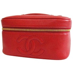 Vintage CHANEL lipstick red caviar cosmetic and toiletry pouch. Classic purse.