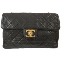 1990s Chanel Black Leather Jumbo Shoulder Bag