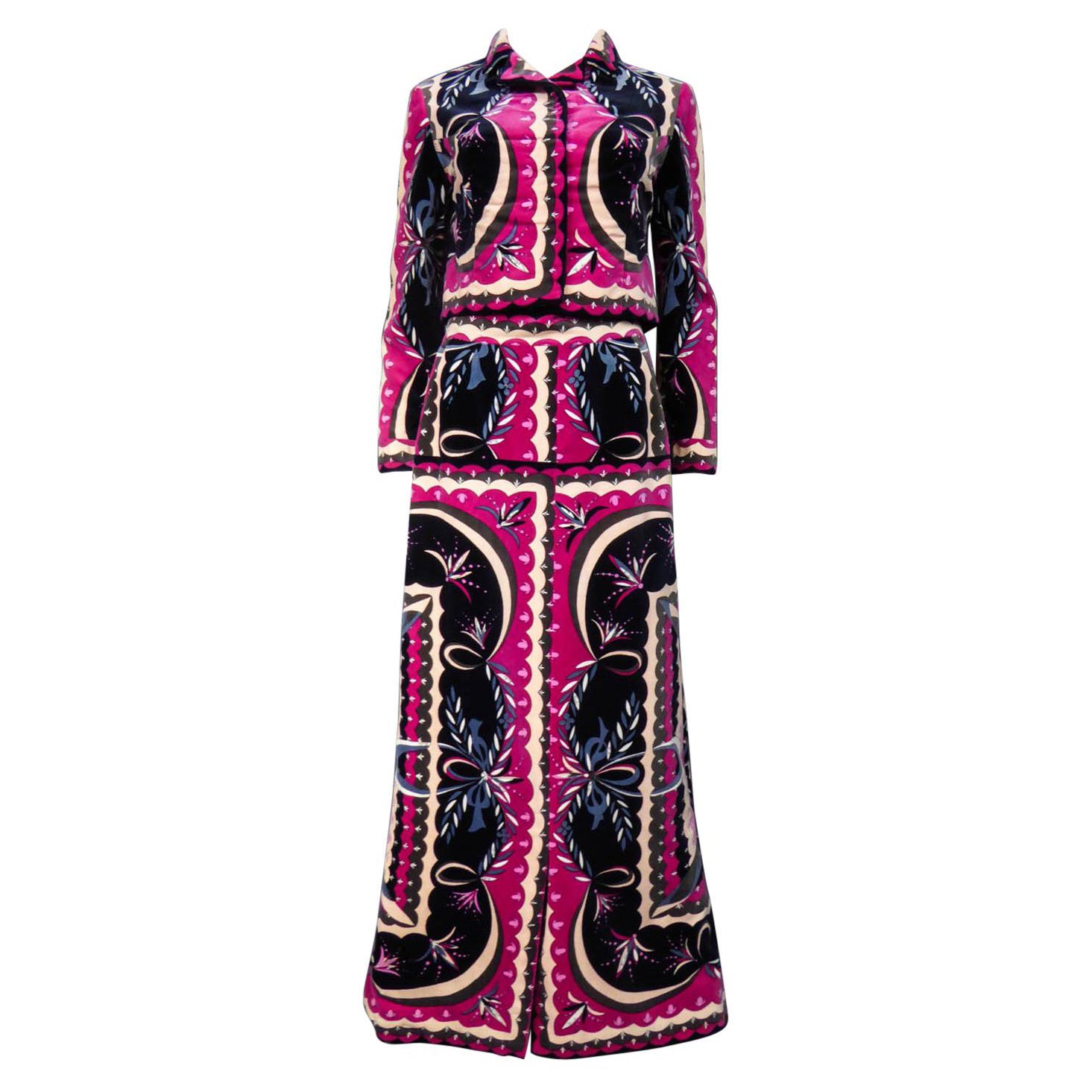 An Emilio Pucci Printed Velvet Jacket and Skirt Set Circa 1970 For Sale