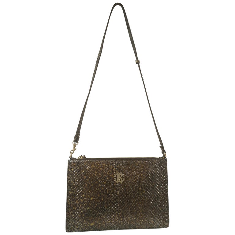 Roberto Cavalli Brown Silver Gold Python Skin Shoulder Bag For