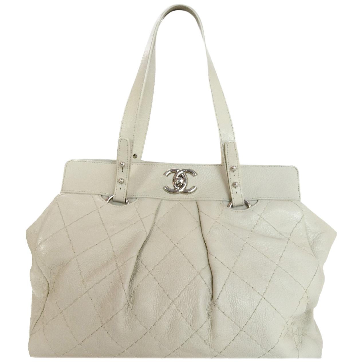 Chanel Ivory Quilted Leather CC Twist Lock Tote Bag