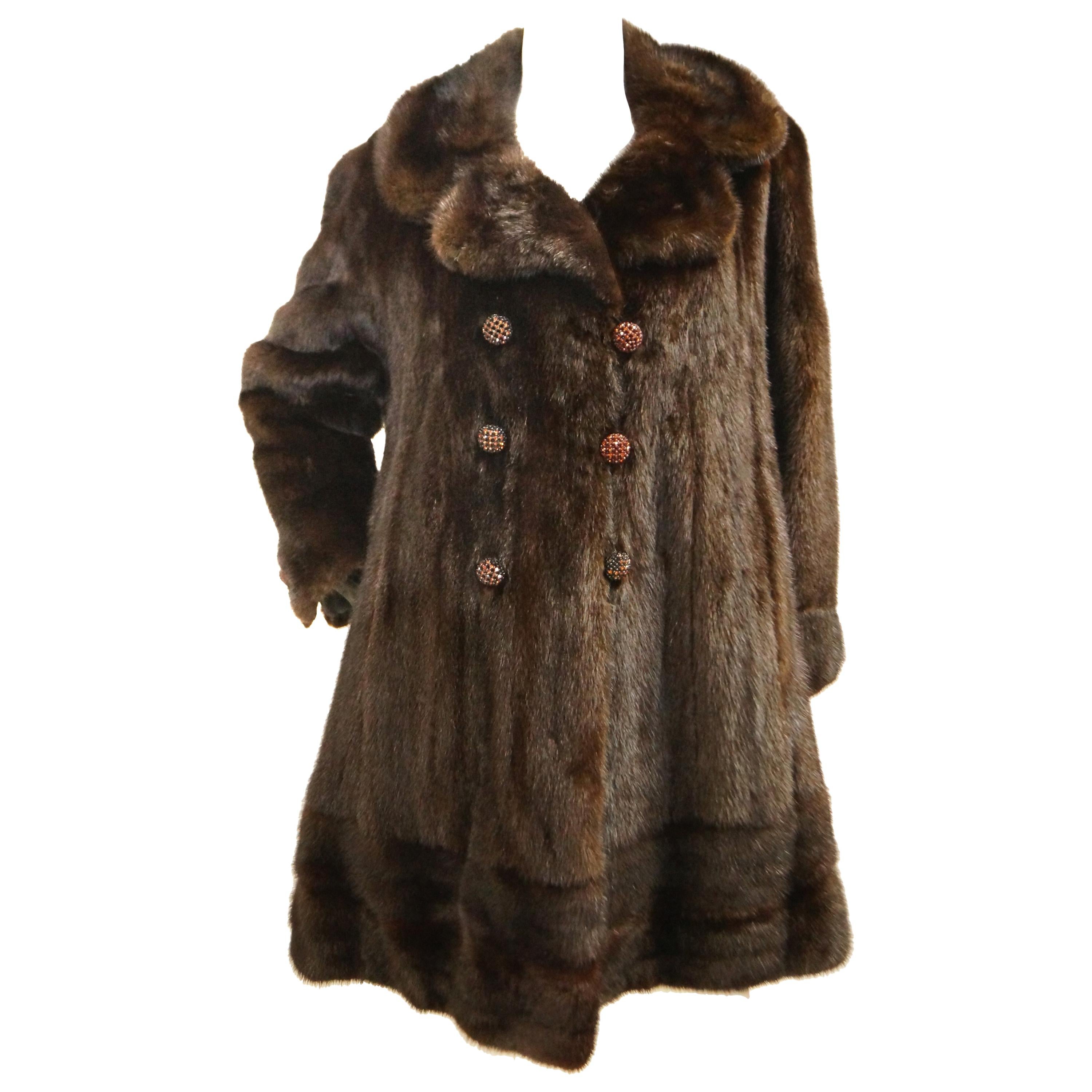 1960s Espresso Brown Mink Swing Coat with Rhinestone Detail Buttons