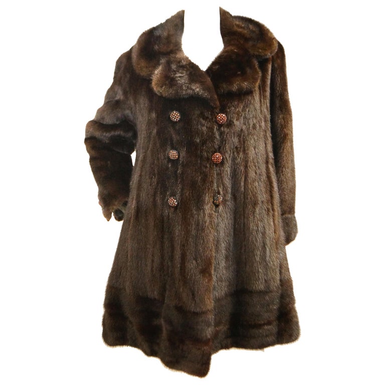 1960s Espresso Brown Mink Swing Coat with Rhinestone Detail Buttons at ...